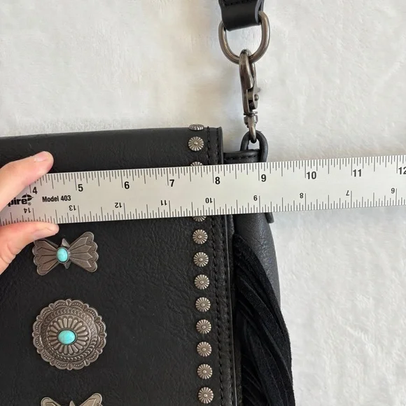 Montana West black leather Fringe Mariposa silver turquoise cross body bag purse - Picture 6 of 16